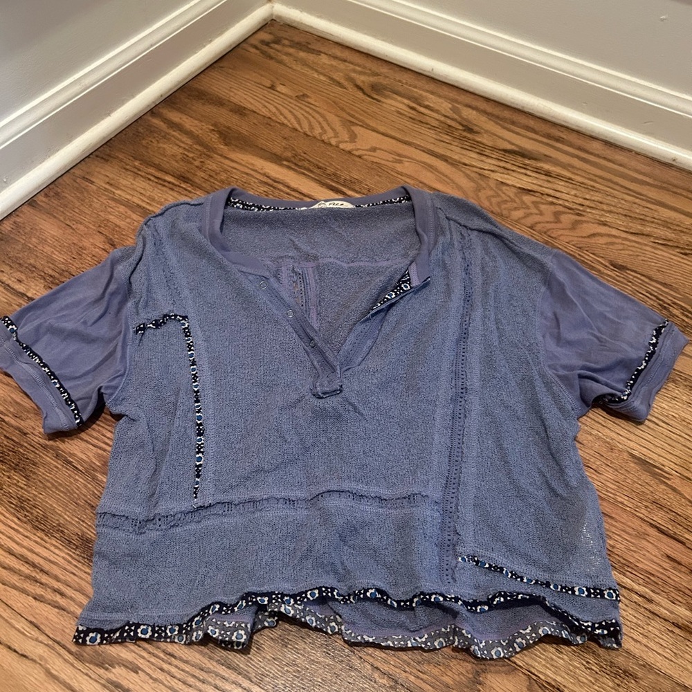 We The Free blue flowy Top with patterned Trim